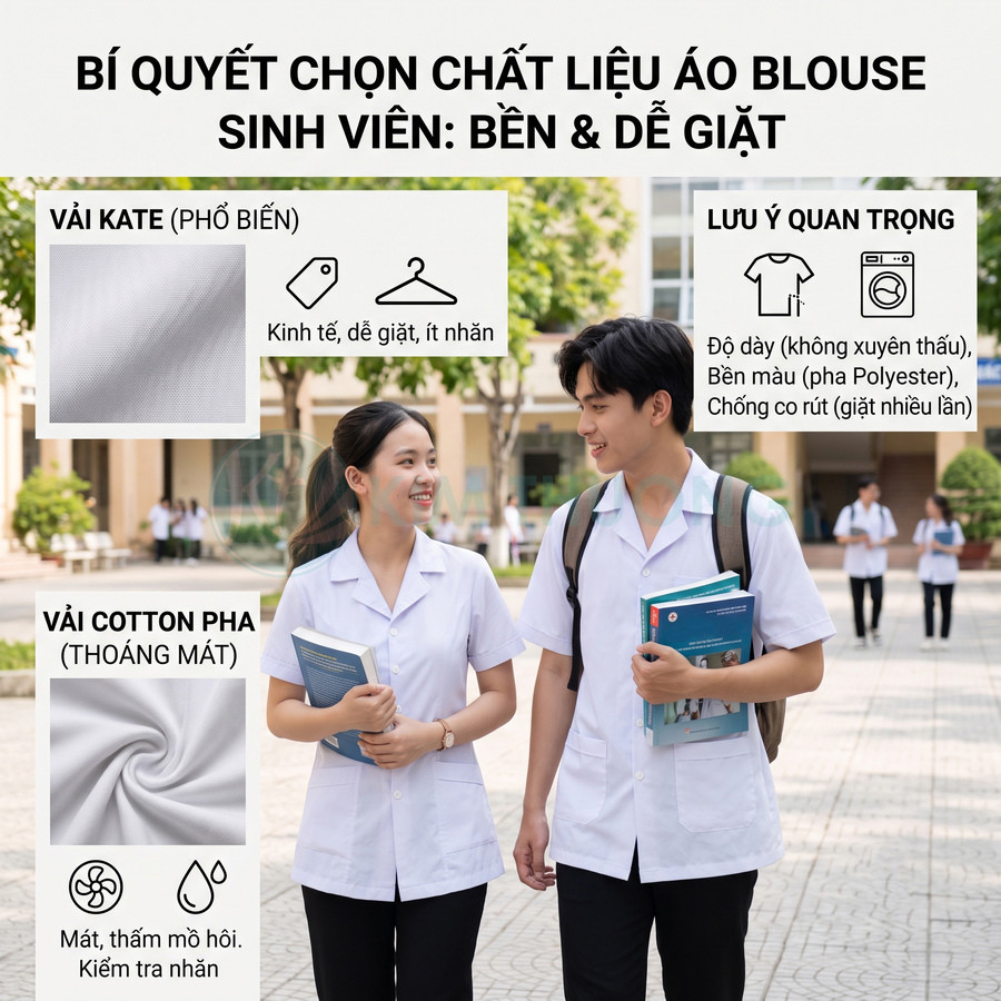 Sinh viên mặc áo blouse trắng ngoài sân trường, minh họa so sánh chất liệu vải kate và cotton pha