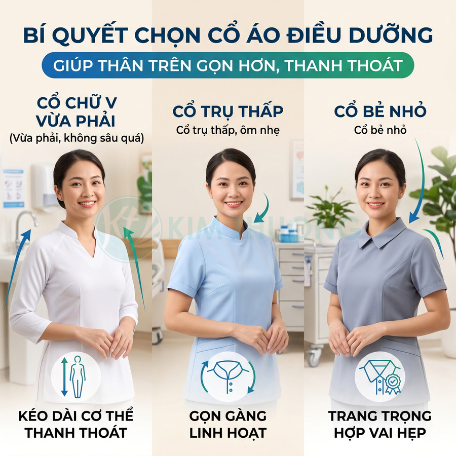 Ba mẫu đồng phục điều dưỡng nữ với cổ chữ V, cổ trụ thấp và cổ bẻ nhỏ trong phòng khám hiện đại