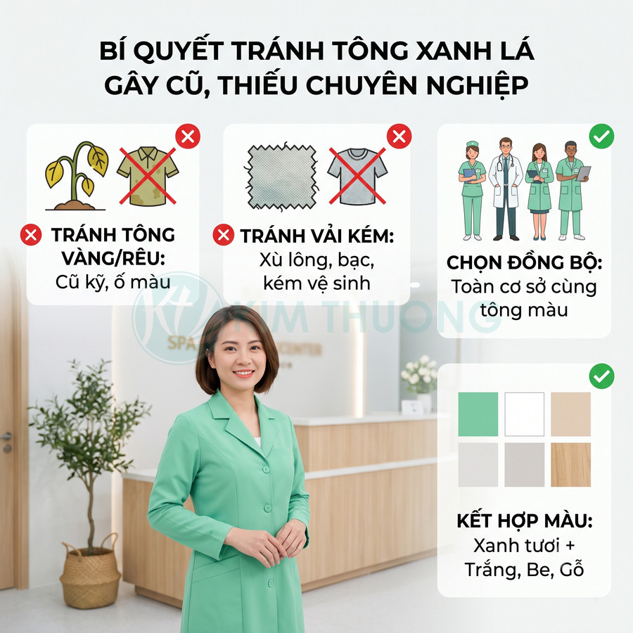 Nhân viên spa mặc đồng phục xanh lá tươi đứng tại quầy lễ tân, minh họa bí quyết chọn màu đồng phục chuyên nghiệp