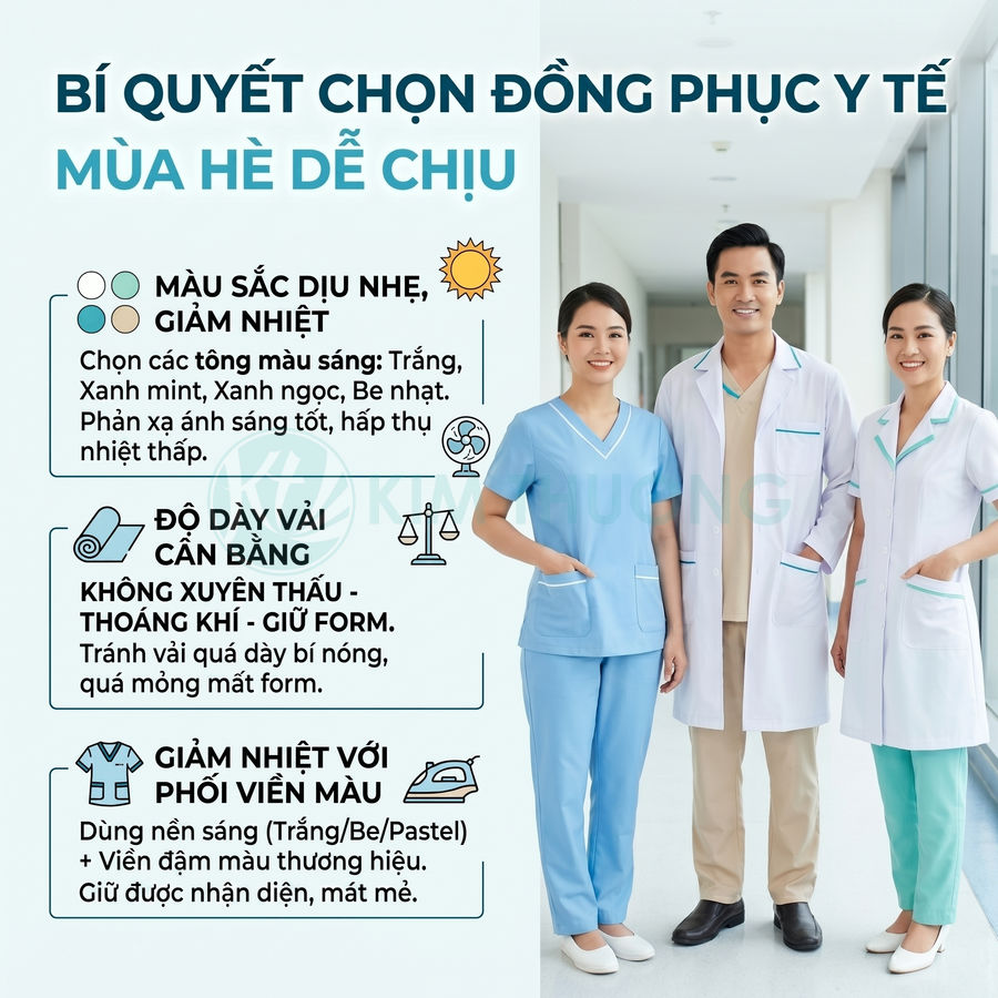 Đồng phục y tế mùa hè màu sáng cho bác sĩ và y tá với thiết kế thoáng mát, viền màu nổi bật