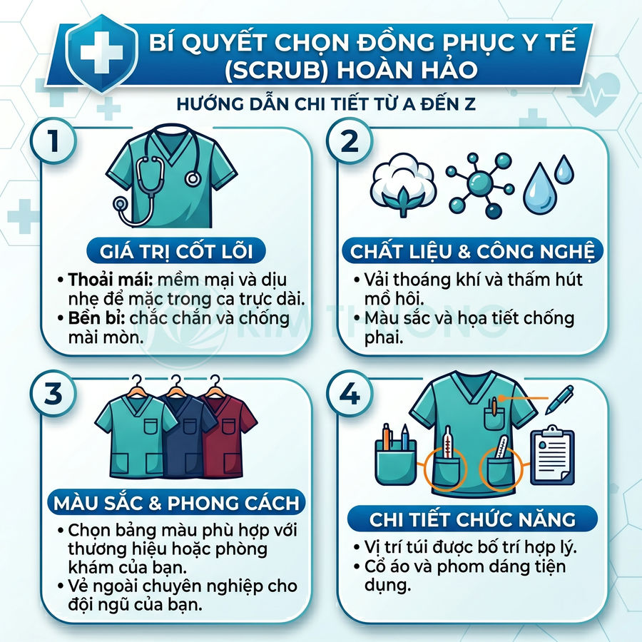 Hướng dẫn chọn đồng phục y tế scrub hoàn hảo về chất liệu, màu sắc, phong cách và chi tiết chức năng