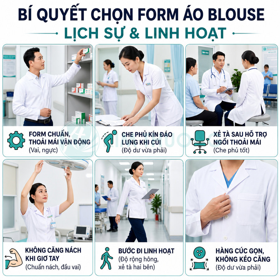 Áo blouse bác sĩ form chuẩn lịch sự linh hoạt, chất liệu thoải mái, dễ vận động khi khám chữa bệnh