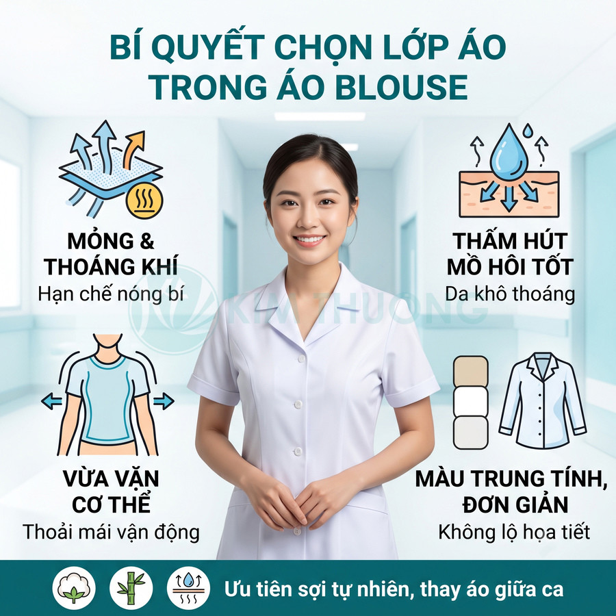 Nữ y tá mặc áo blouse trắng đứng trong hành lang bệnh viện, giới thiệu tiêu chí chọn áo lót mỏng thoáng khí