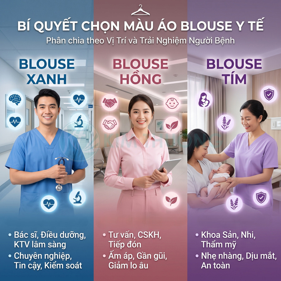 Nhân viên y tế mặc áo blouse xanh hồng tím minh họa ý nghĩa từng màu trong bệnh viện