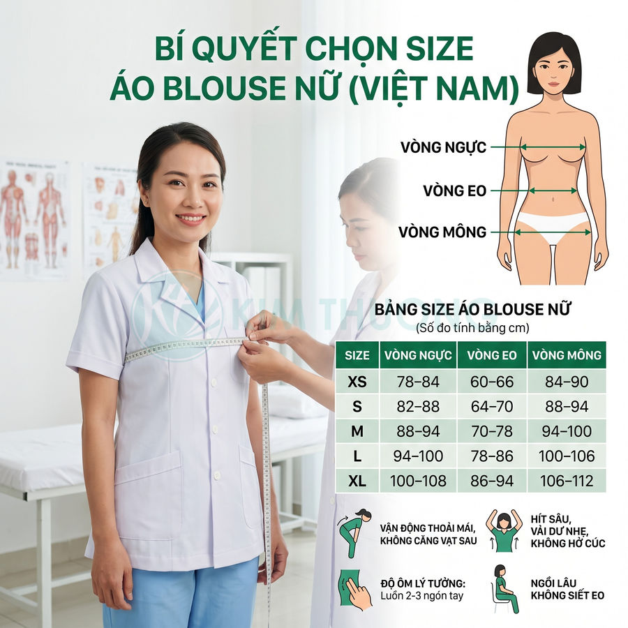 Bảng hướng dẫn chọn size áo blouse nữ Việt Nam với người mẫu mặc áo trắng được đo vòng ngực