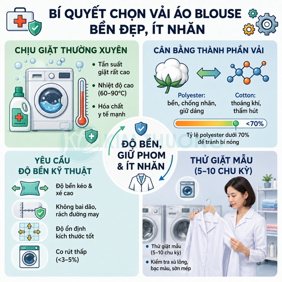 Infographic bí quyết chọn vải áo blouse bền đẹp ít nhăn, hướng dẫn thành phần vải, độ bền và cách thử giặt mẫu