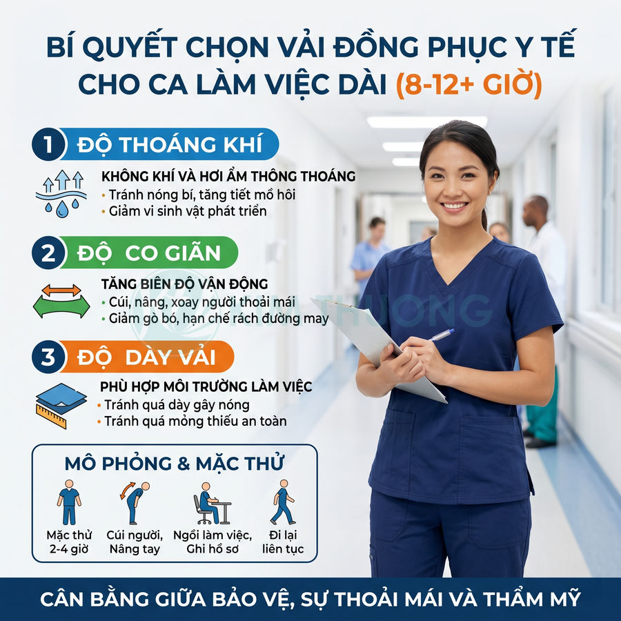 Nữ y tá mặc đồng phục y tế màu xanh navy cầm bảng hồ sơ đứng trong hành lang bệnh viện