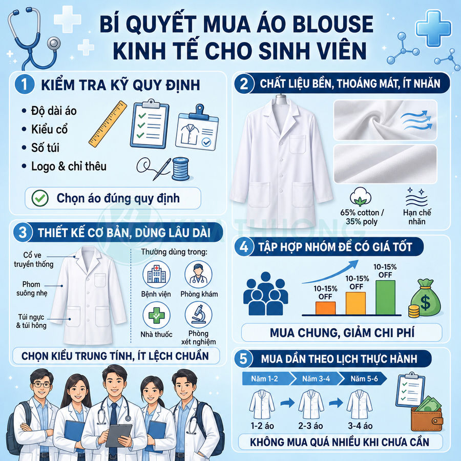 Infographic bí quyết chọn mua áo blouse trắng kinh tế cho sinh viên y khoa
