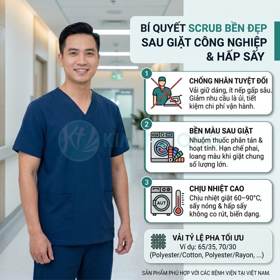 Bộ đồ scrub y tế màu xanh navy cho nam giới, chất liệu bền đẹp sau giặt công nghiệp và hấp sấy