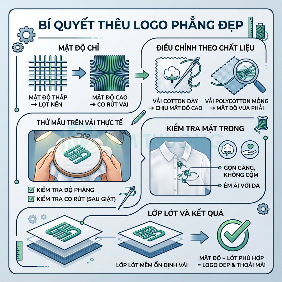 Hướng dẫn thêu logo phẳng đẹp trên áo thun với các bước chọn mật độ chỉ, chất liệu vải và lớp lót phù hợp