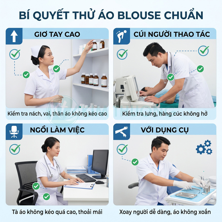 Nhân viên y tế mặc áo blouse trắng thao tác, ngồi làm việc và kiểm tra độ vừa vặn khi giơ tay, cúi người, dùng dụng cụ