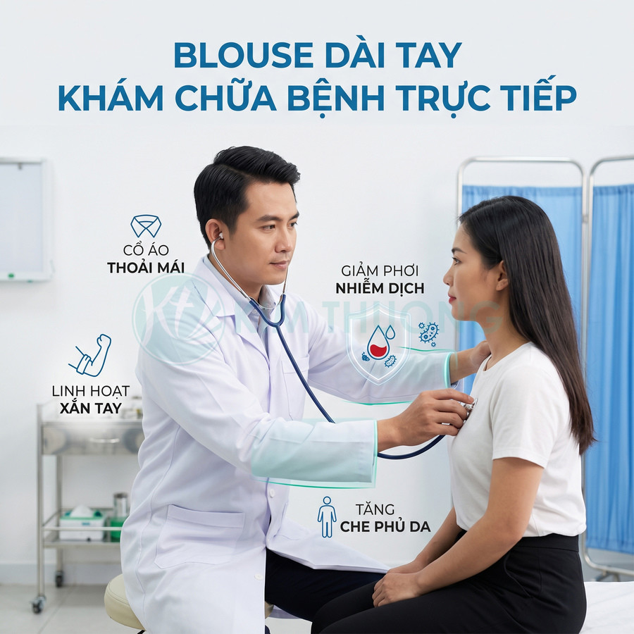 Bác sĩ mặc áo blouse dài tay khám bệnh cho bệnh nhân nữ trong phòng khám hiện đại