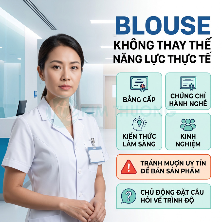 Nữ nhân viên y tế mặc áo blouse trắng đứng trong bệnh viện bên cạnh infographic về bằng cấp và năng lực thực tế