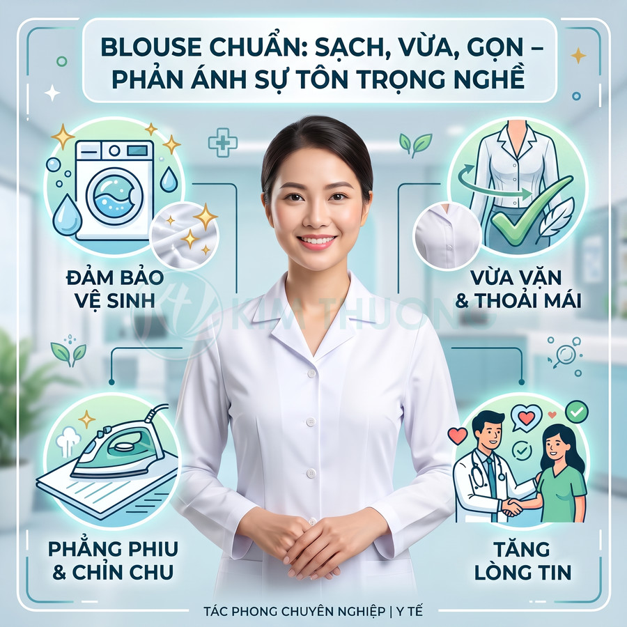 Nữ nhân viên y tế mặc áo blouse trắng sạch sẽ phẳng phiu, vừa vặn và chuyên nghiệp trong bệnh viện