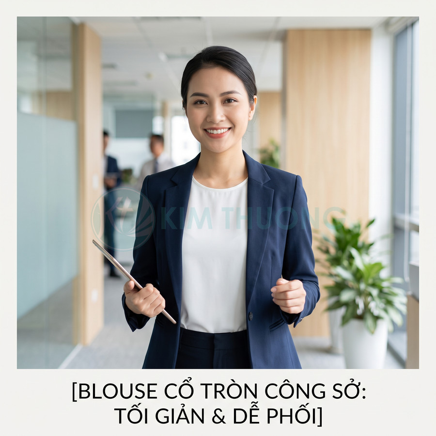 Blouse cổ tròn công sở màu trắng phối vest xanh navy cho nữ nhân viên văn phòng