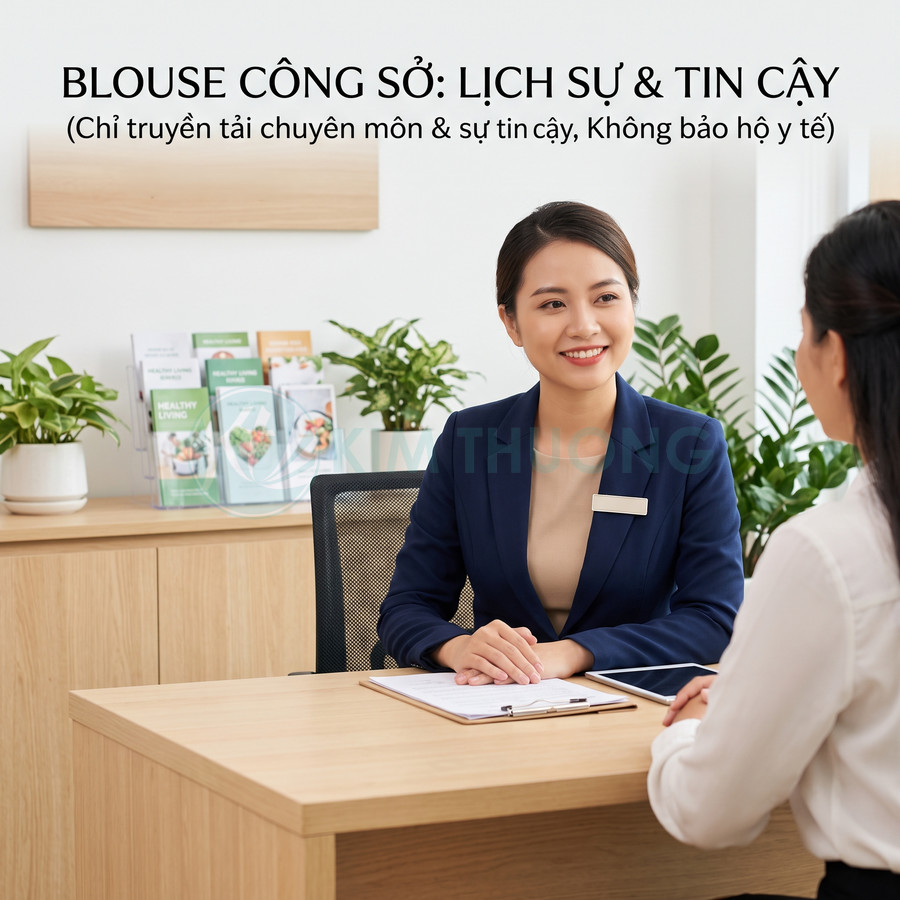Nhân viên nữ mặc blouse công sở xanh navy tư vấn khách hàng tại bàn làm việc văn phòng