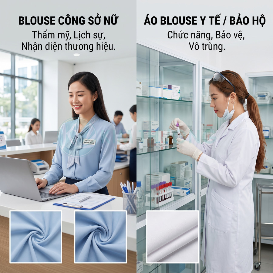 Blouse công sở nữ màu xanh và áo blouse y tế trắng cho nhân viên bệnh viện, kèm mẫu chất liệu vải