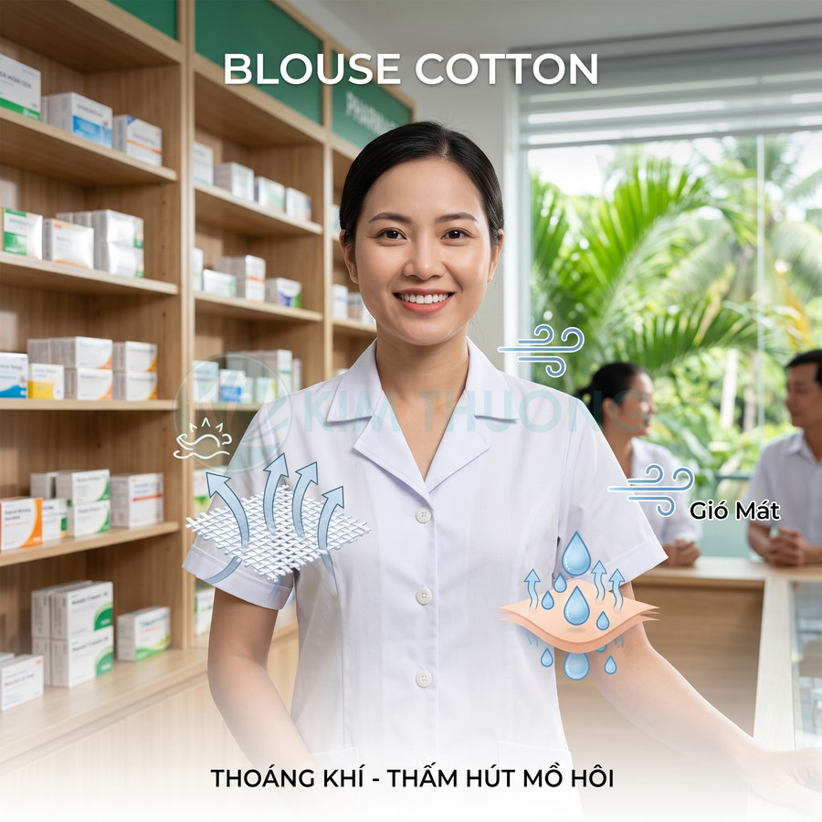 Blouse cotton trắng cho dược sĩ nữ, thiết kế thoáng khí thấm hút mồ hôi trong nhà thuốc