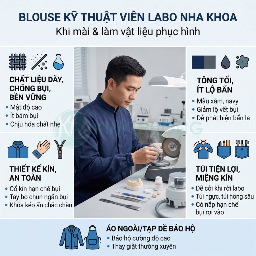 Blouse kỹ thuật viên labo nha khoa màu navy, chất liệu dày chống bụi, thiết kế kín an toàn khi mài làm răng giả