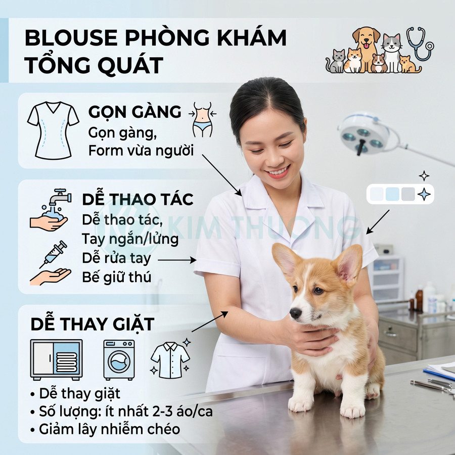Blouse phòng khám thú y màu trắng, nữ bác sĩ thú y mặc áo blouse khám cho chó corgi trên bàn inox