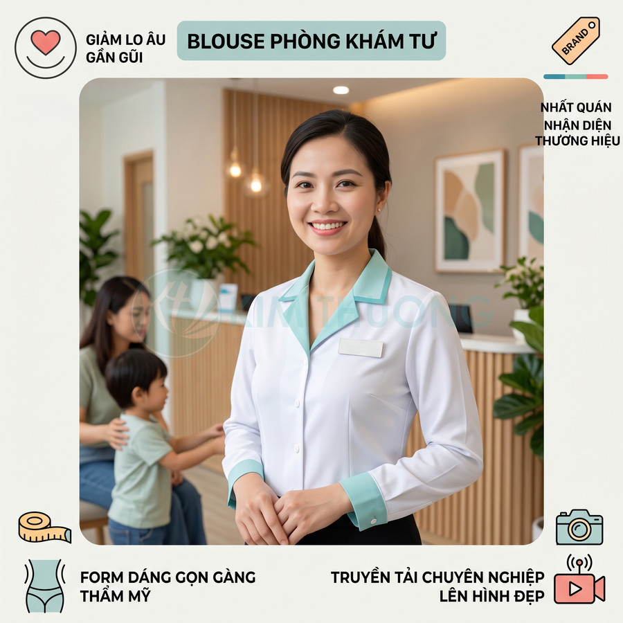 Nữ nhân viên y tế mặc áo blouse phòng khám tư trắng cổ xanh mint đứng cười trong không gian phòng khám hiện đại