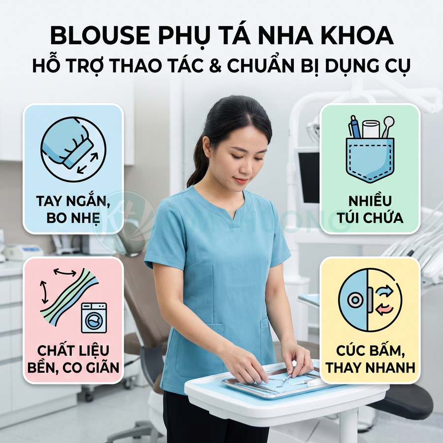 Blouse phụ tá nha khoa tay ngắn màu xanh, nhiều túi chứa, chất liệu co giãn bền, cúc bấm dễ thay trong phòng khám