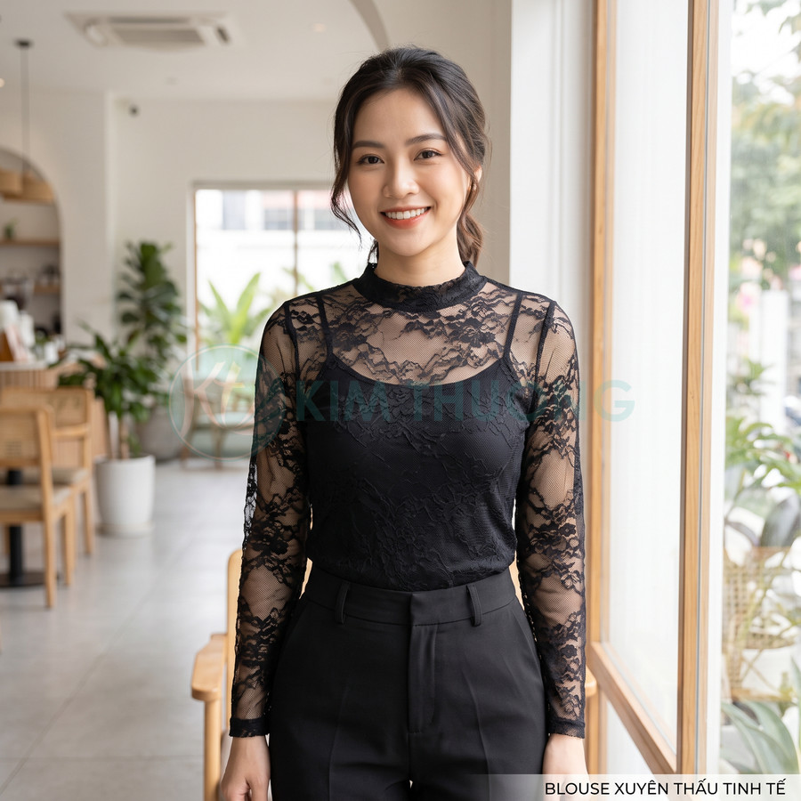 Áo blouse ren đen dài tay xuyên thấu cổ cao cho nữ, phối quần tây đen thanh lịch