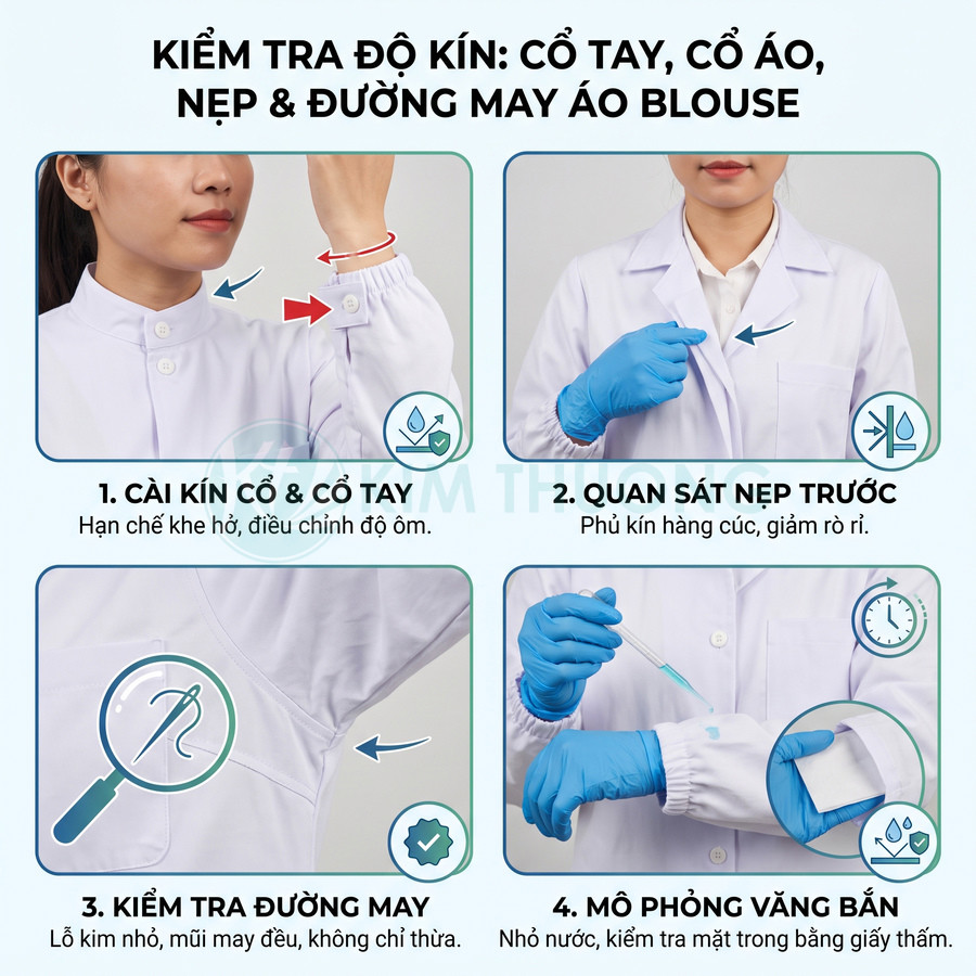 Hướng dẫn kiểm tra độ kín của áo blouse bằng cách cài cổ tay, quan sát nẹp trước, kiểm tra đường may và thử thấm nước.