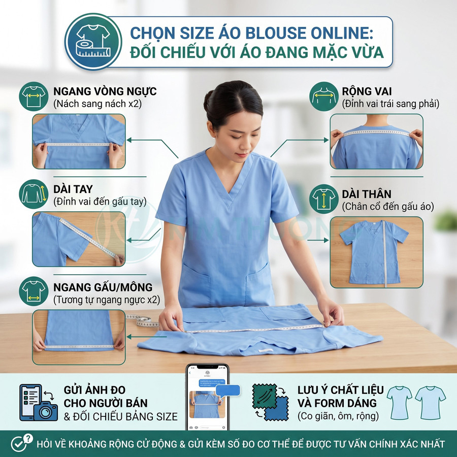 Áo blouse màu xanh được hướng dẫn đo vai, ngực, tay áo, thân và ngang gấu để chọn size phù hợp