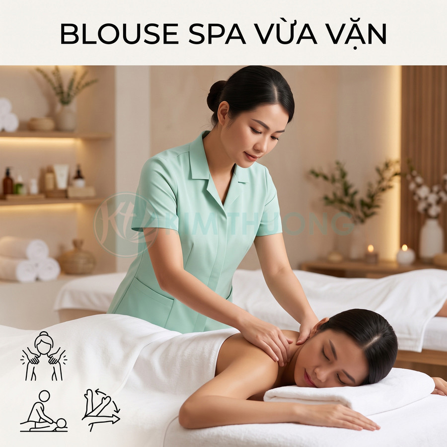 Nhân viên spa mặc blouse màu xanh mint đang massage cho khách trên giường trị liệu
