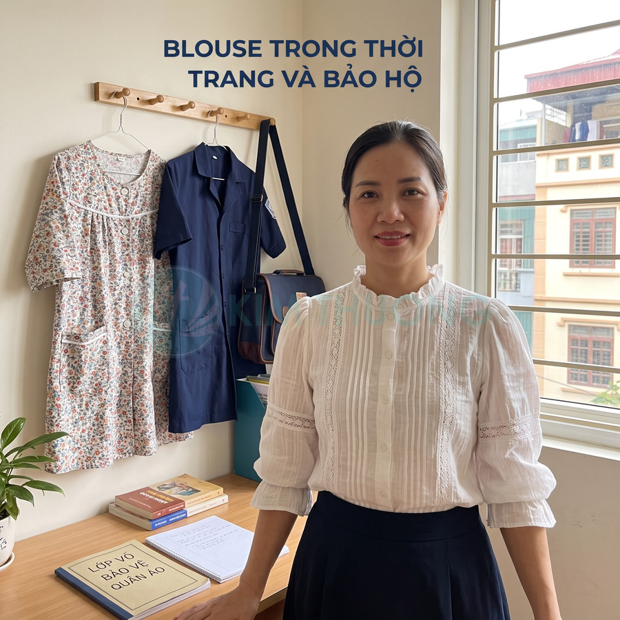Người phụ nữ mặc áo blouse trắng đứng trong phòng, phía sau treo váy hoa và áo blouse bảo hộ màu xanh navy