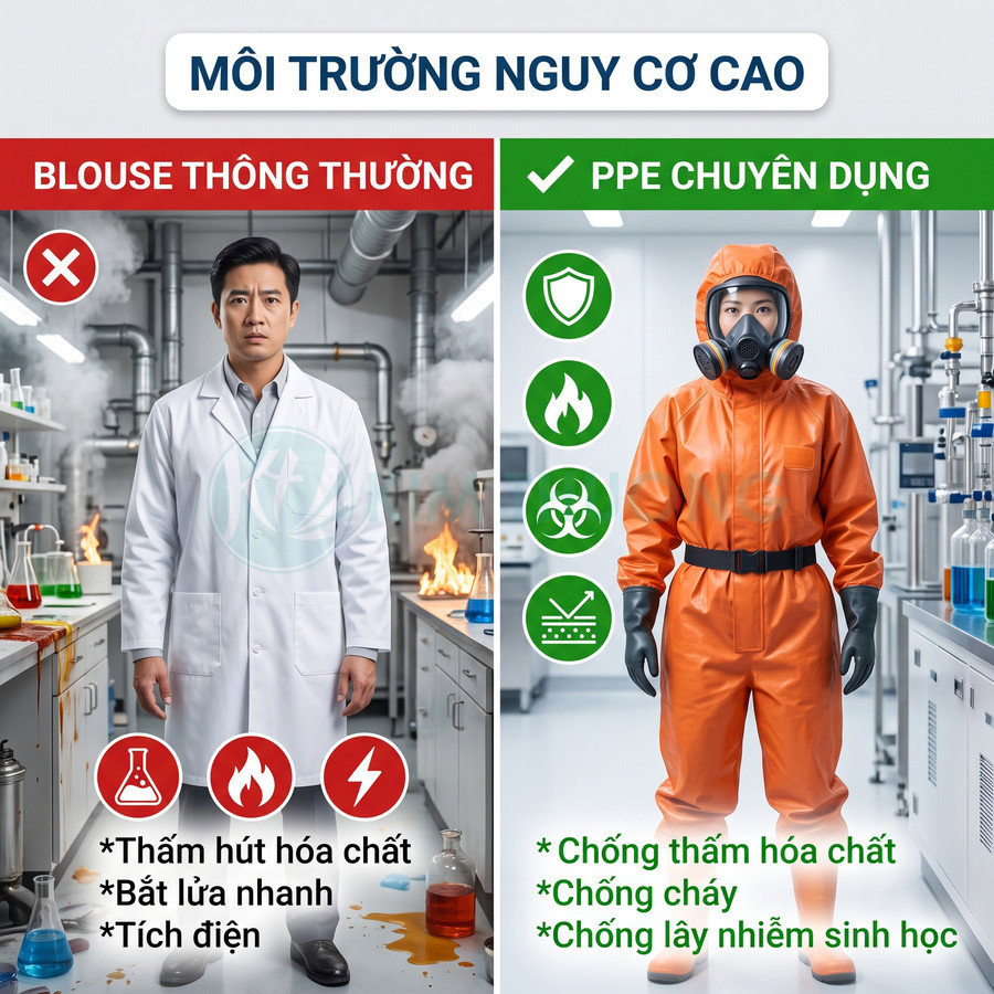So sánh blouse phòng thí nghiệm thông thường với bộ đồ bảo hộ PPE chuyên dụng chống hóa chất và sinh học