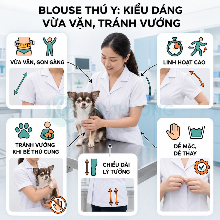 Blouse thú y trắng vừa vặn cho nữ bác sĩ thú y bế chó nhỏ trong phòng khám sạch sẽ