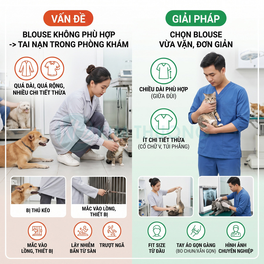 Blouse phòng khám thú y rộng thùng thình so sánh với bộ scrub y khoa vừa vặn màu xanh cho bác sĩ thú y