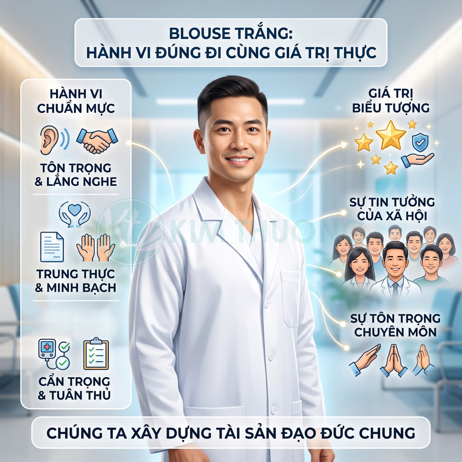 Bác sĩ nam mặc áo blouse trắng mỉm cười, minh họa các giá trị đạo đức nghề y và sự tin tưởng của xã hội