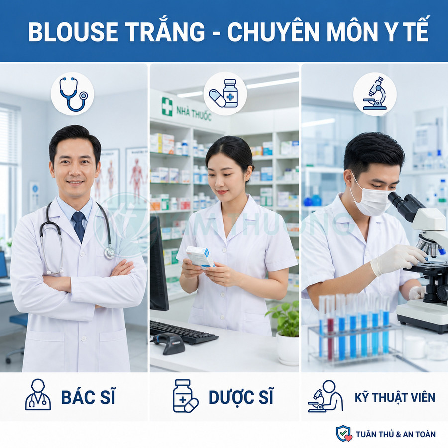 Bác sĩ, dược sĩ và kỹ thuật viên mặc áo blouse trắng làm việc trong môi trường y tế chuyên nghiệp