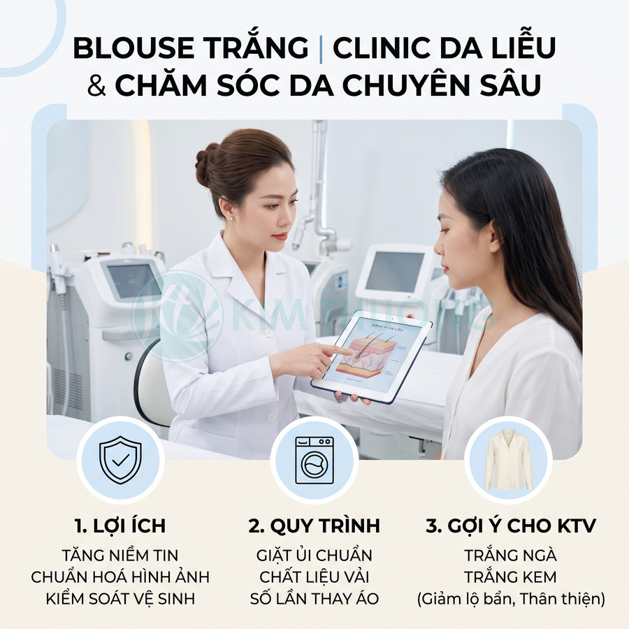 Bác sĩ da liễu mặc blouse trắng tư vấn chăm sóc da cho khách hàng bằng máy tính bảng trong phòng khám hiện đại