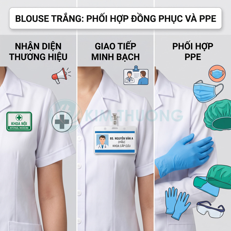 Áo blouse trắng bác sĩ phối hợp bảng tên, bảng khoa nội và găng tay, khẩu trang, mũ phẫu thuật PPE