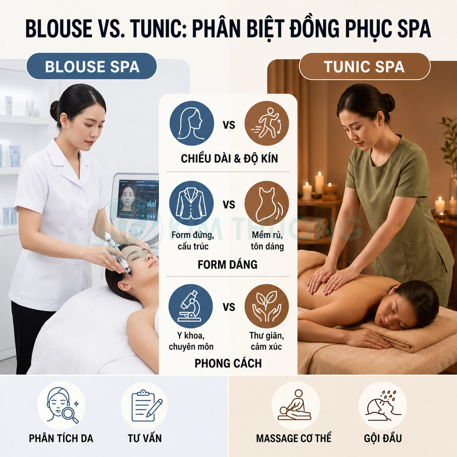 So sánh đồng phục spa blouse trắng và tunic xanh khi chăm sóc da mặt và massage cho khách hàng