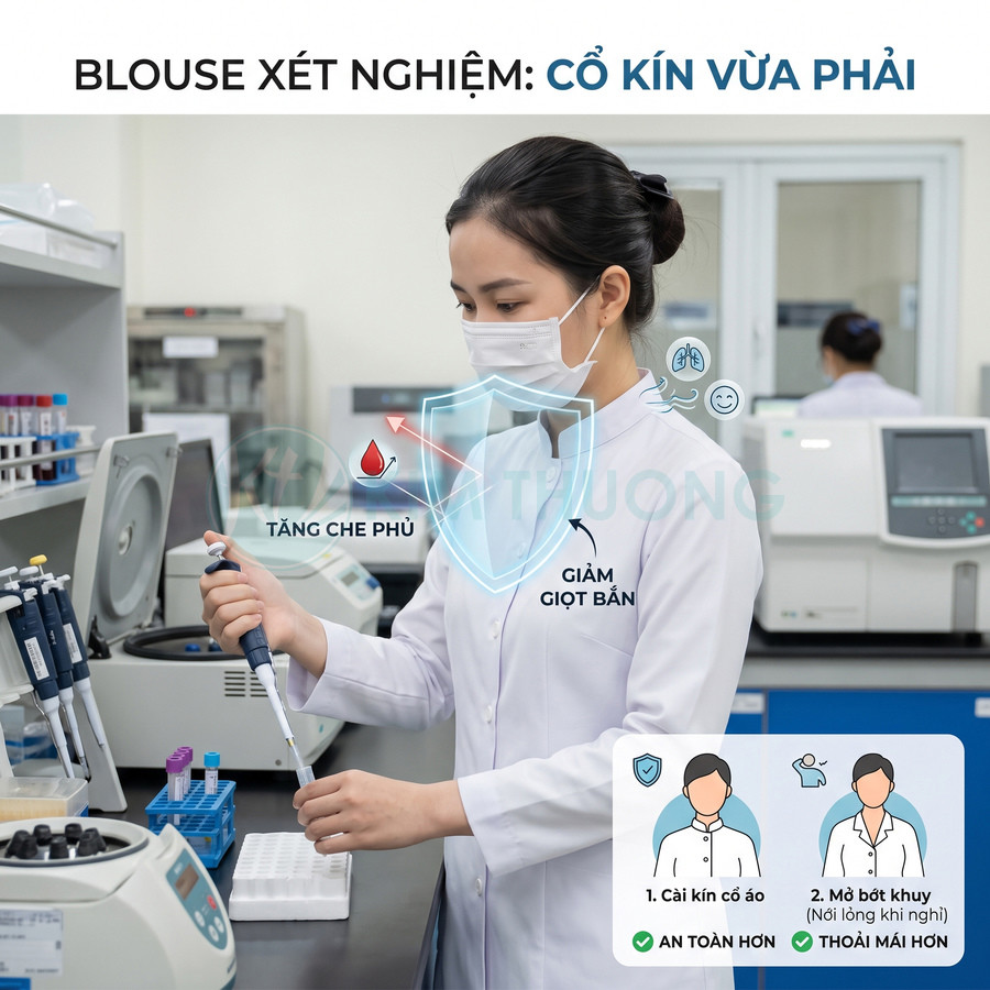Blouse xét nghiệm cổ kín vừa phải cho nhân viên phòng lab, tăng che phủ và giảm giọt bắn khi làm việc