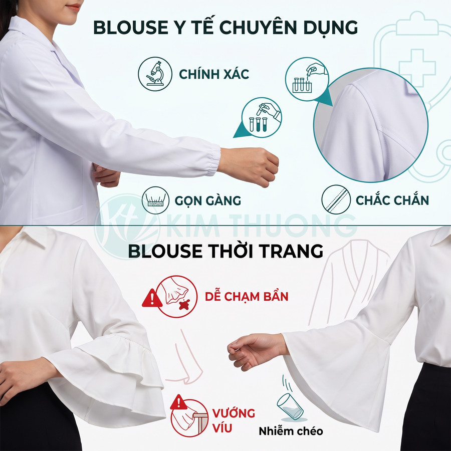 So sánh áo blouse y tế chuyên dụng tay bo gọn gàng với áo blouse thời trang tay loe dễ vướng víu