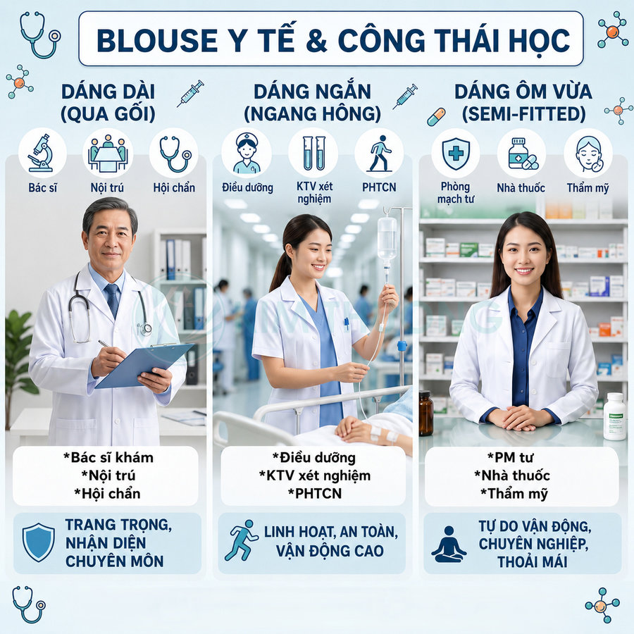 Blouse y tế công thái học cho bác sĩ, điều dưỡng, dược sĩ với dáng dài, dáng ngắn và dáng ôm vừa