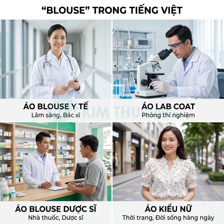 Các loại áo blouse gồm áo blouse y tế, áo lab coat, áo blouse dược sĩ và áo blouse kiểu nữ thời trang