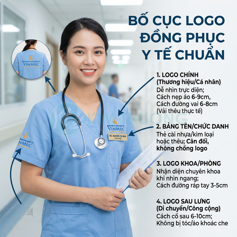 Đồng phục y tế Vinmec màu xanh dương với bố cục logo, bảng tên và logo khoa phòng chuẩn trên áo