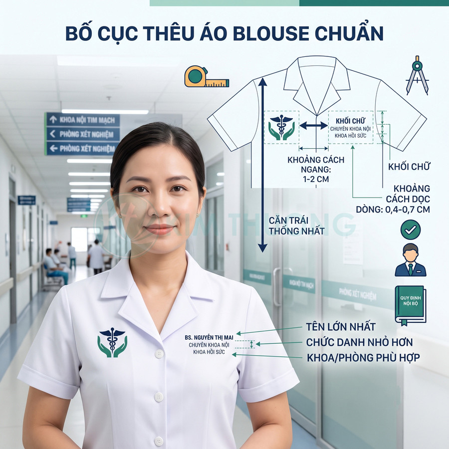 Bố cục thêu áo blouse bác sĩ chuẩn với logo y tế và tên chức danh trên nền bệnh viện