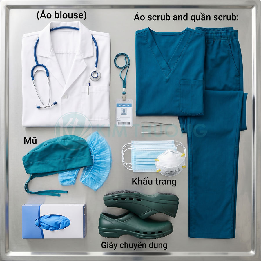Bộ đồng phục y tế gồm áo blouse, áo quần scrub, mũ phẫu thuật, khẩu trang và giày chuyên dụng