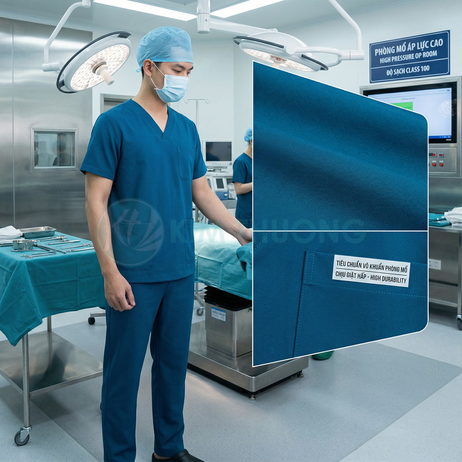 Bộ quần áo phẫu thuật màu xanh dương kháng khuẩn cho bác sĩ trong phòng mổ hiện đại