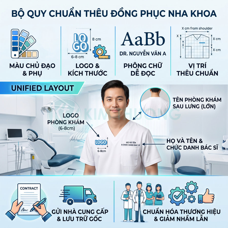 Bộ quy chuẩn thêu logo và tên bác sĩ trên đồng phục nha khoa màu trắng trong phòng khám hiện đại