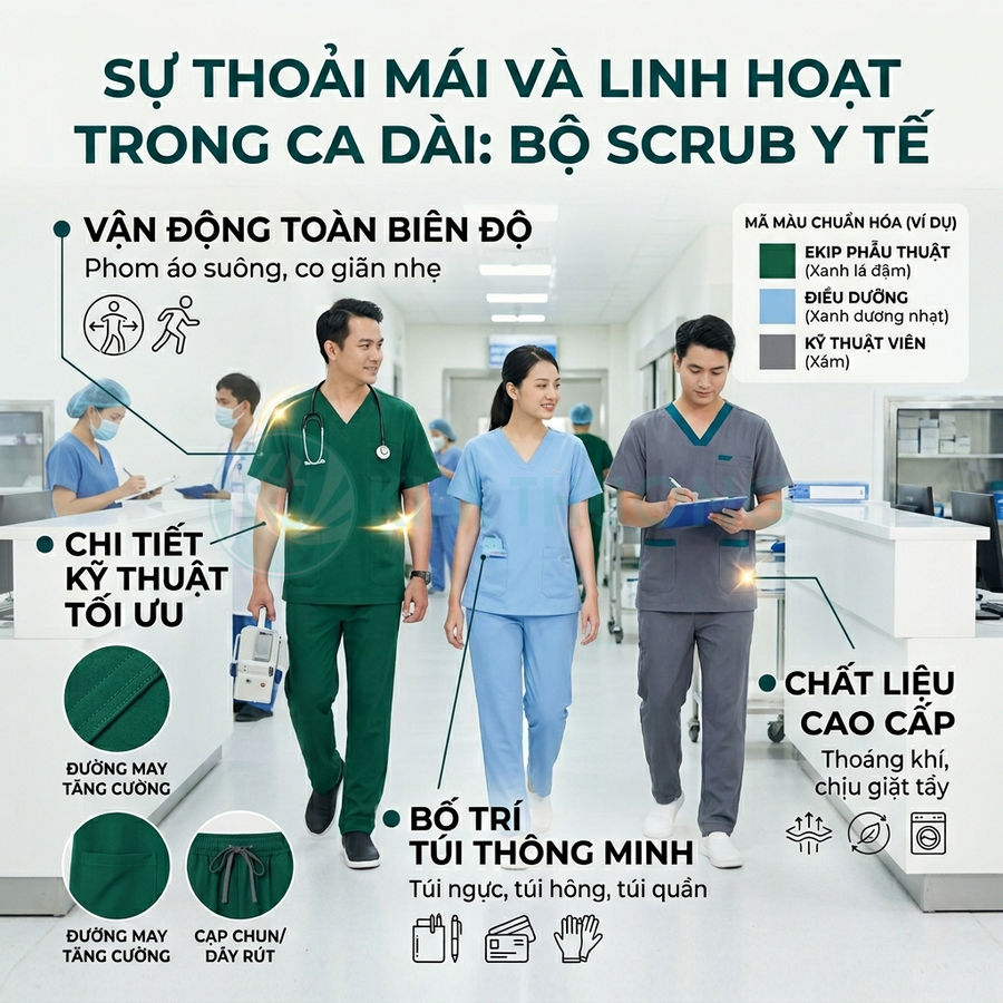 Bộ scrub y tế cao cấp cho bác sĩ điều dưỡng nhiều màu sắc, thiết kế thoải mái, co giãn và nhiều túi tiện dụng