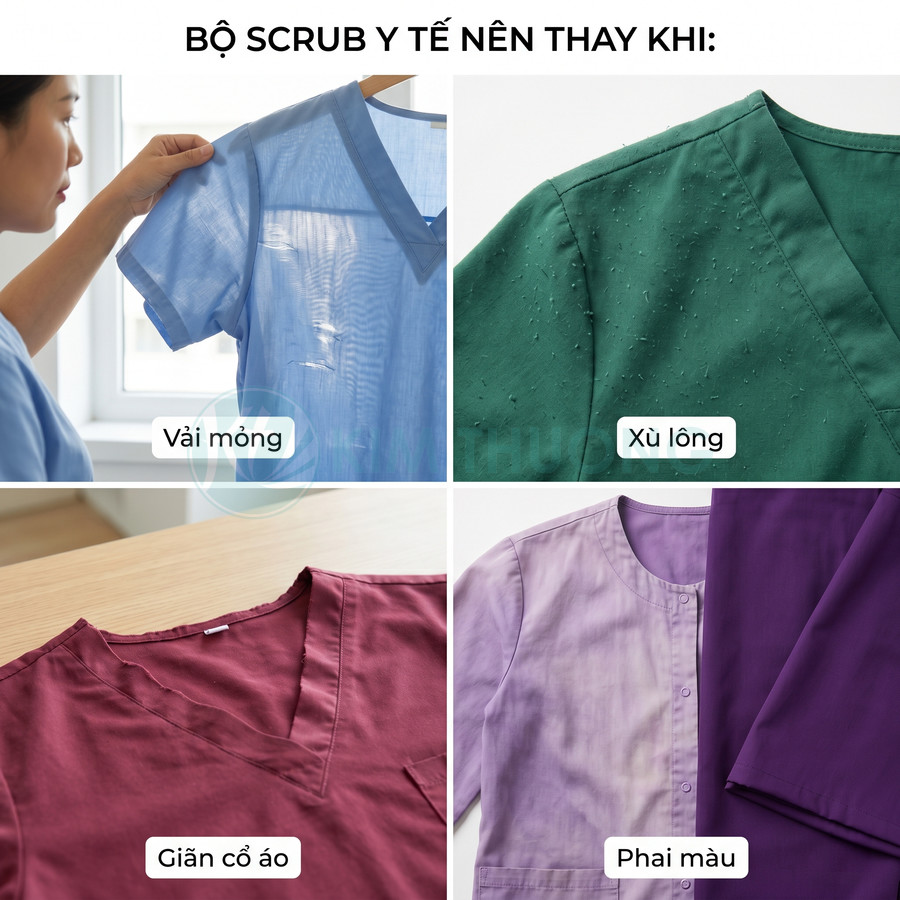 Các loại áo scrub y tế bị mỏng vải, xù lông, giãn cổ áo và phai màu cần được thay mới